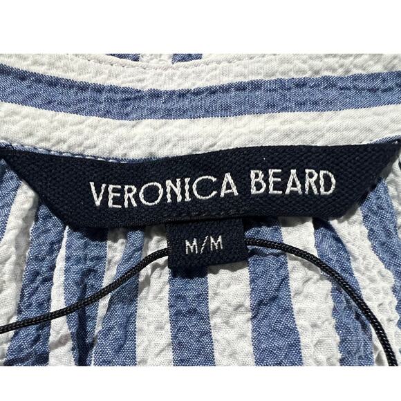 VERONICA BEARD TOP WOMENS MEDIUM JUDITH V-NECK PUFF SLEEVE BLOUSE BLUE WHITE - Picture 5 of 13